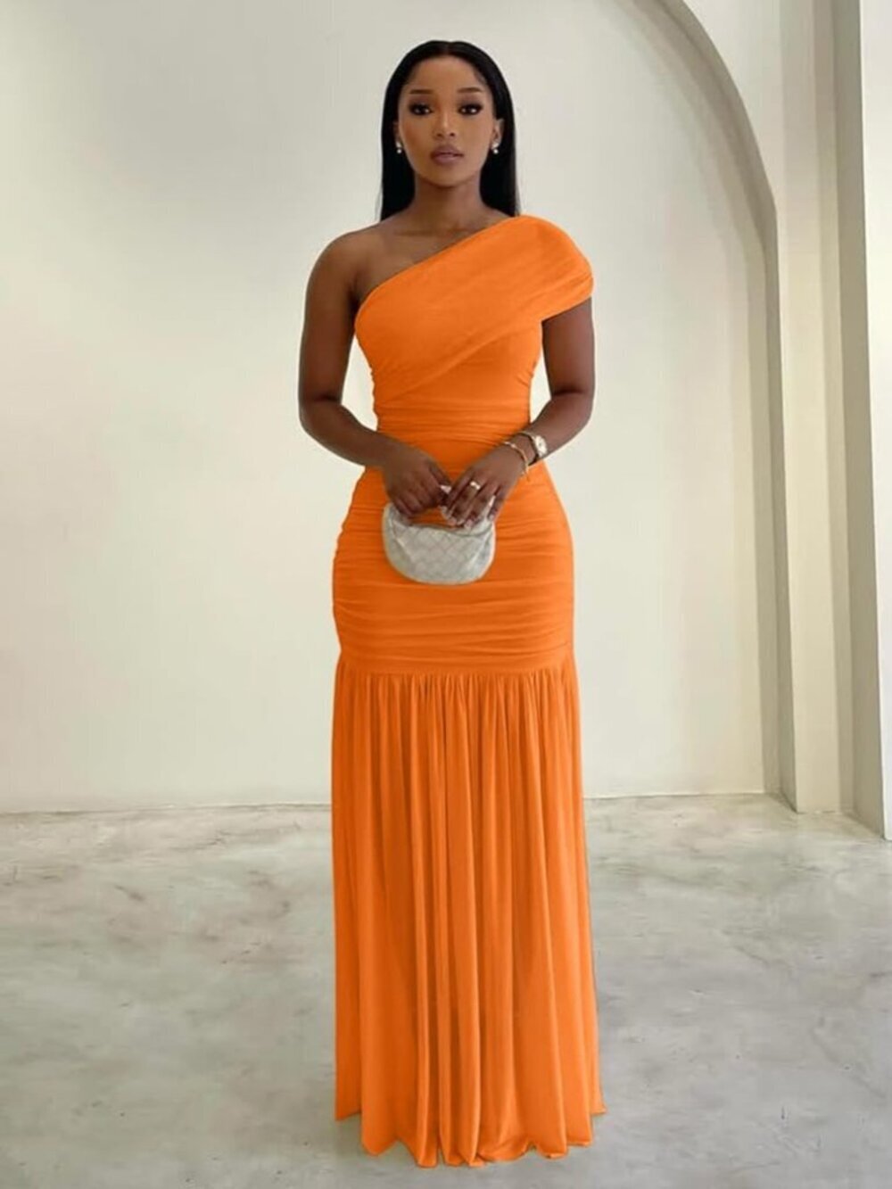 Women's Orange Elegant Formal ONE Shoulder Sleeveless Bodycon Maxi Long Dress - Picture 3 of 7